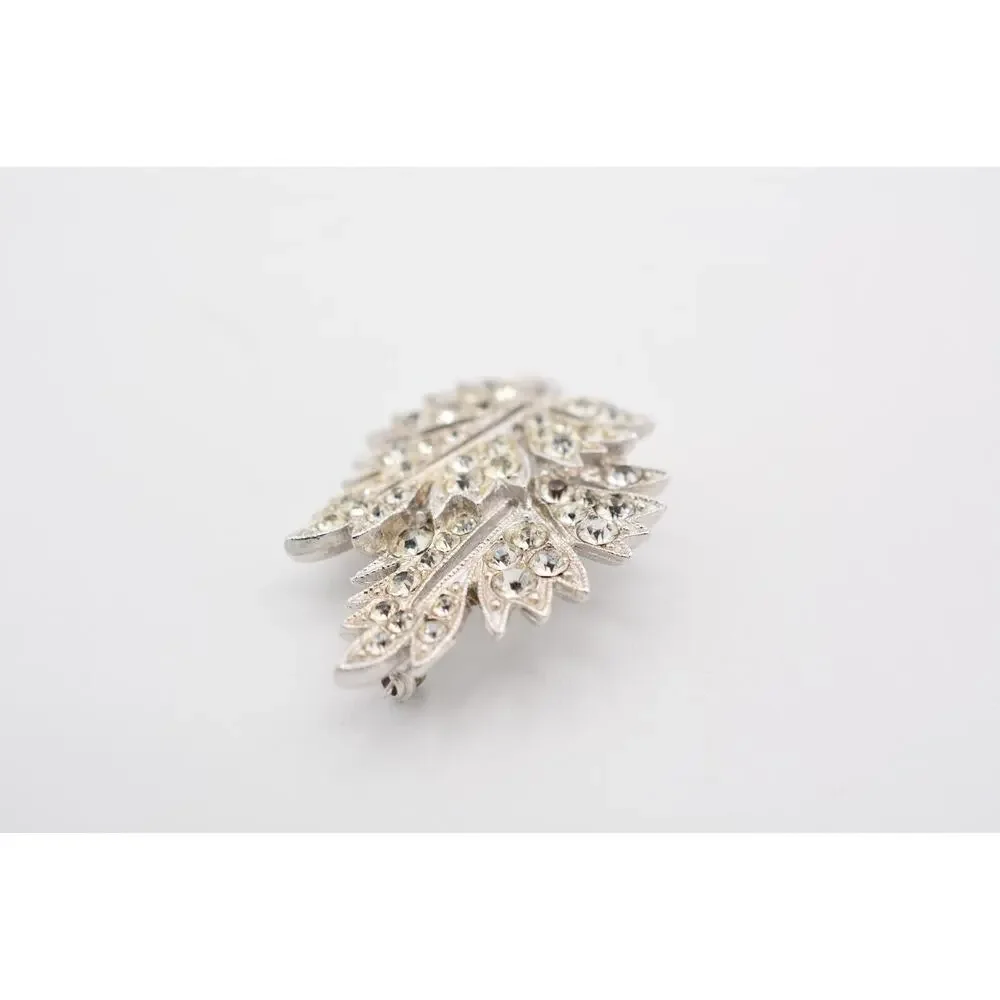 Ora Vintage Crystal Leaf Pin Brooch Rhinestone Silver Sparkling Signed 40s Bin5A